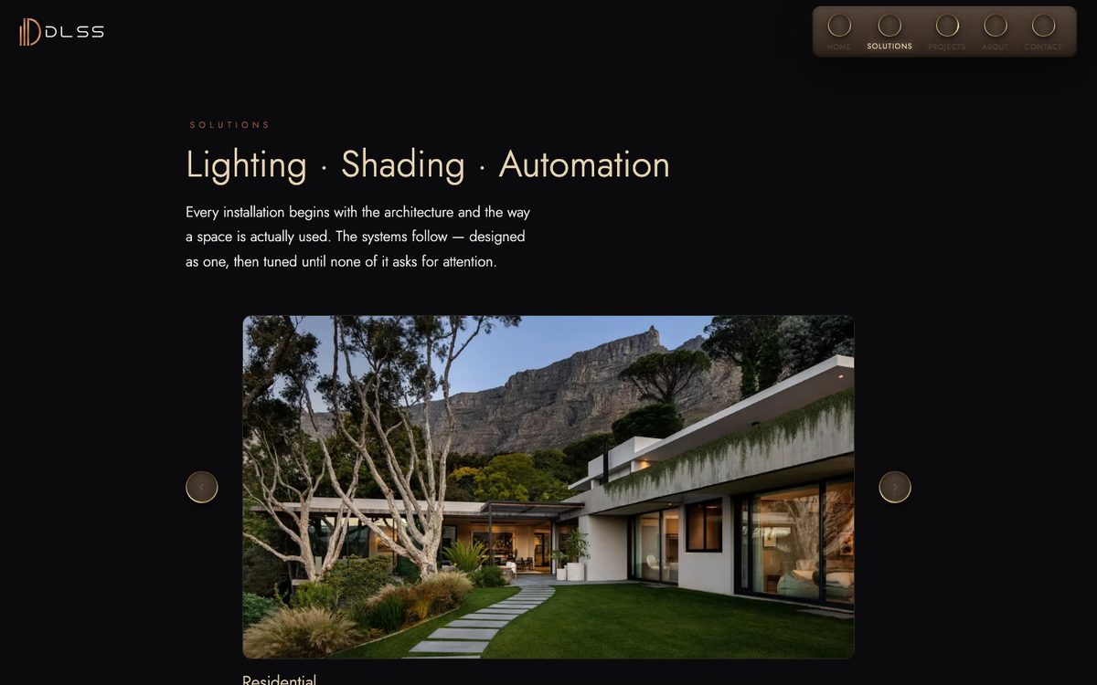 The DLSS solutions page: Lighting, Shading, Automation set in a warm serif over a photograph of a Cape Town house.