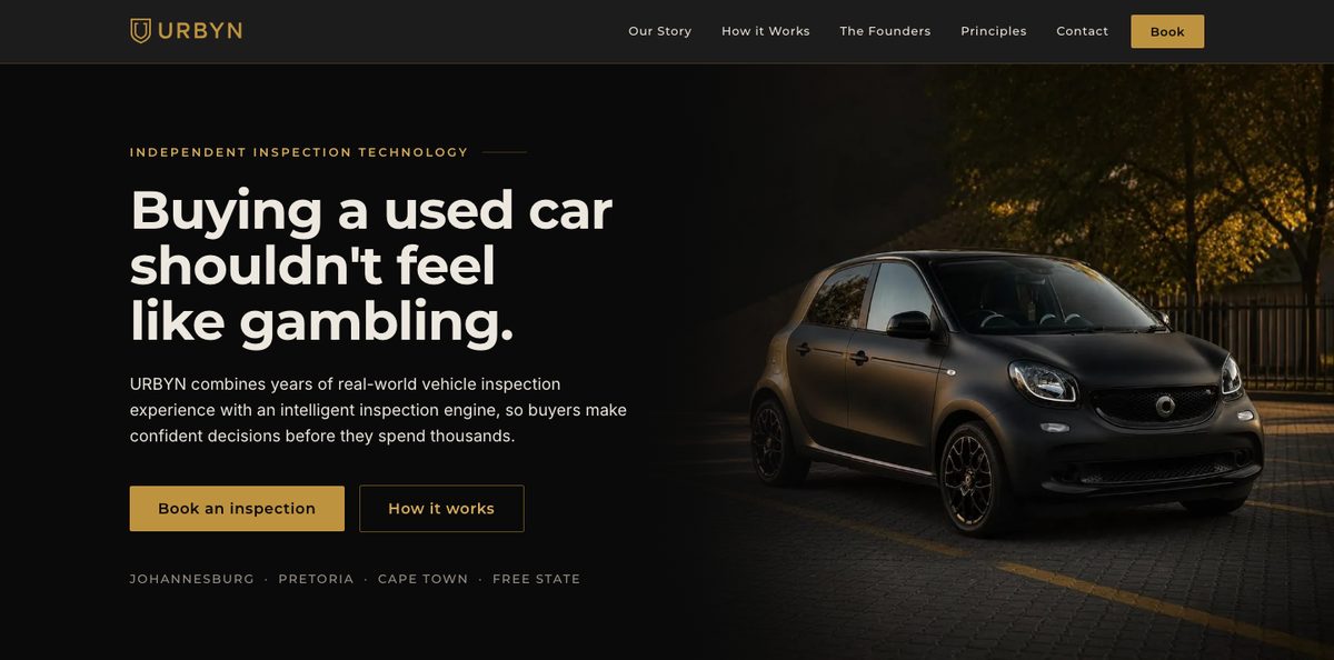 The URBYN website: a dark hero reading Buying a used car shouldn't feel like gambling, beside a photograph of a car at dusk.